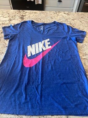 Nike Royal Blue Tee with White Logo and Pink Swoosh Size Large